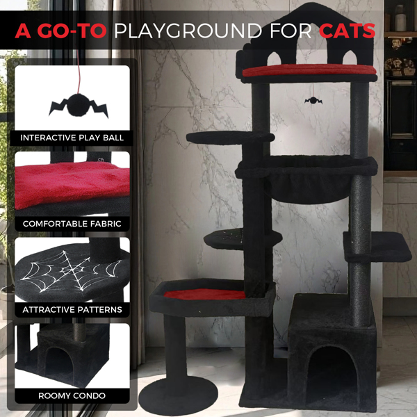 黑色哥特式猫爬架，多层恐怖风格猫树，配有抓挠柱、栖息平台、吊床和猫窝——适合室内猫咪的黑色猫塔，带互动玩具，非常适合多只猫咪使用，高58英寸。--不支持self-pick up且不支持指定仓库发货-4