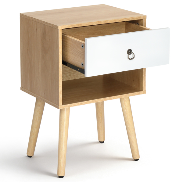 白色+橡木色 P2刨花板+实木腿 贴麻面三胺 拉环拉手 38*30*55cm 一抽带下隔层 床头柜 1PC-11