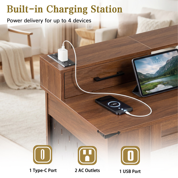 55英寸农舍风格办公桌，带储物柜和充电站，谷仓门设计电脑书桌，配备键盘托盘、显示器支架和洞洞板，适用于书房、客厅、家庭办公室，深胡桃木色。-14