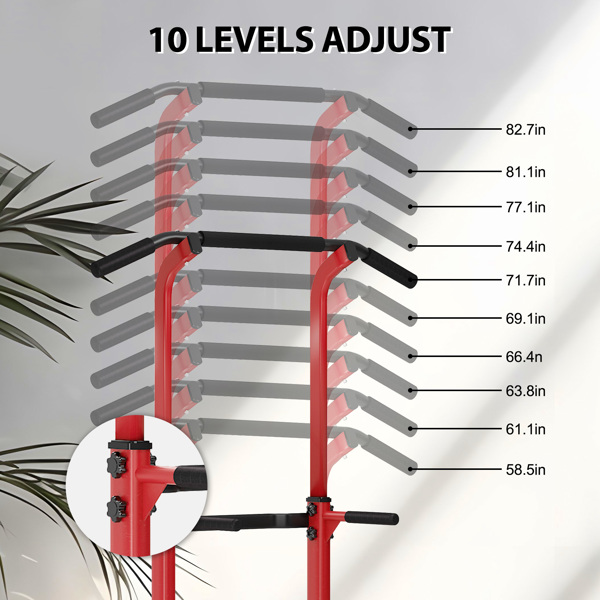 可调节引体向上杆和双杠训练器 - 10 档高度调节，承重 400 磅，男女通用多功能家用健身力量训练器，红+黑-6