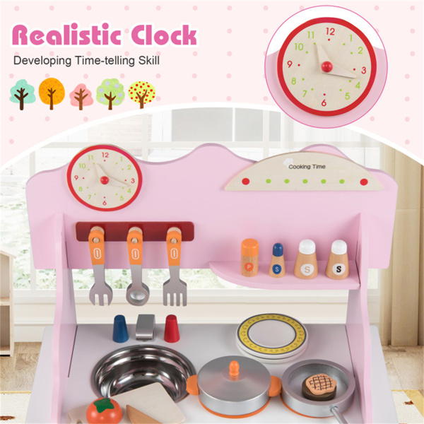粉红色木制幼儿游戏厨房，带水槽和配件，儿童安全礼物3+-8