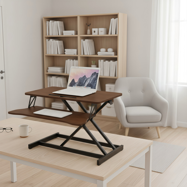 32英寸桌面转换器，高度可调式升降支架，可放置双显示器和笔记本电脑的工作站，配有宽大键盘托盘，胡桃木色。-7