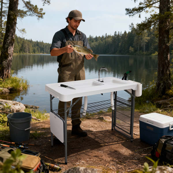 108*58*92cm 带69*42*76cm拓展网架  可折叠 白色 户外杀鱼桌 HDPE 长方形 带折叠水龙头 喷枪套件 折叠垃圾桶 铁丝网架-13