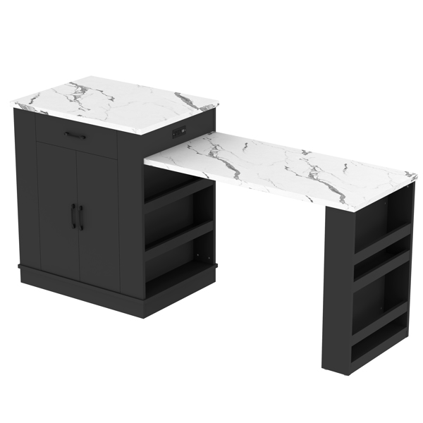 可伸缩式岛台控制台，配有抽屉、双门橱柜和开放式置物架。可用作餐桌、临时早餐吧和下午茶休闲区。黑色。-13