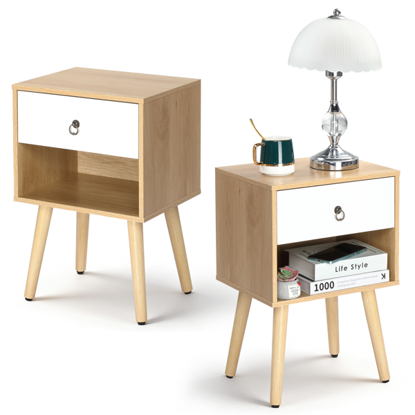 白色+橡木色 P2刨花板+实木腿 贴麻面三胺 拉环拉手 38*30*55cm 一抽带下隔层 床头柜 1PC-4