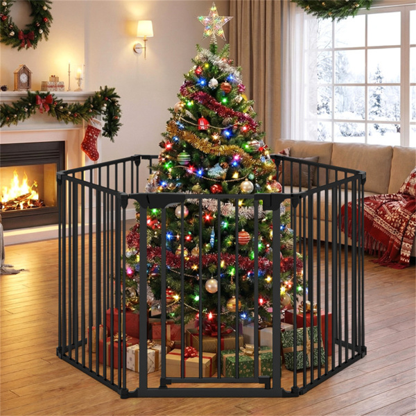 6面板可扩展安全门（34.5“-154”），270°可旋转婴儿/宠物栅栏，用于壁炉楼梯门-黑色-10