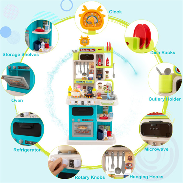 蓝色儿童角游戏厨房，配有逼真的声音、灯光和蒸汽，95件配件，适合3岁儿童的假装烹饪套装+-9
