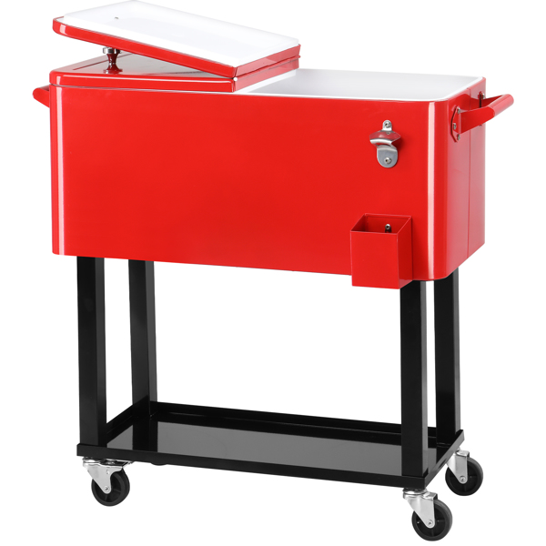 80qt 红色箱体 黑色脚管 冷冻保温推车 91*87*48cm 长方形 铁喷塑 带排水管-3