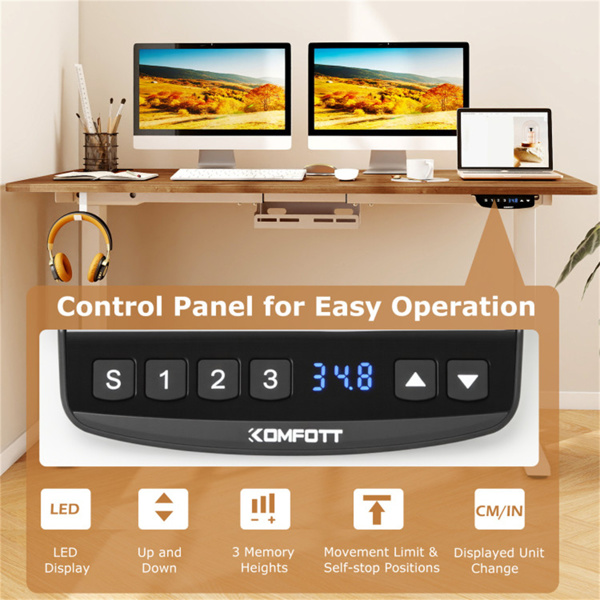 胡桃木桌面白色框架55英寸电动立式办公桌，带双电机，3种记忆设置，适合家庭办公-9