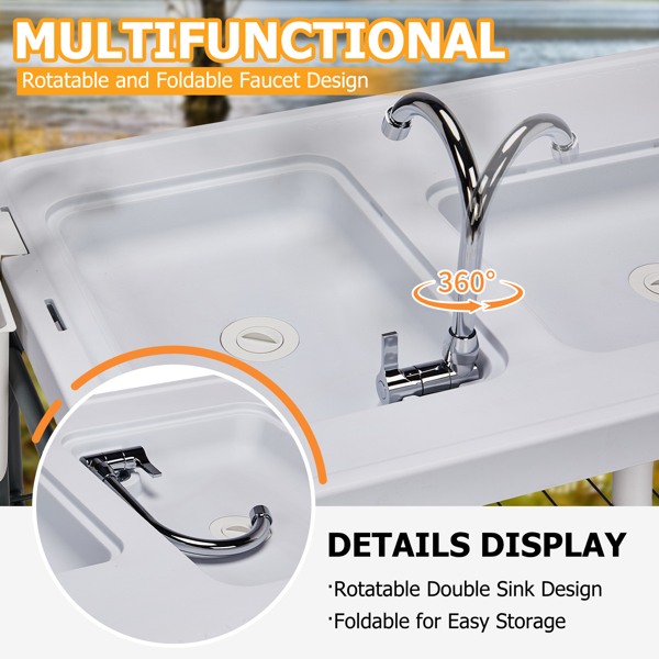 108*58*92cm 带69*42*76cm拓展网架  可折叠 白色 户外杀鱼桌 HDPE 长方形 带折叠水龙头 喷枪套件 折叠垃圾桶 铁丝网架-10