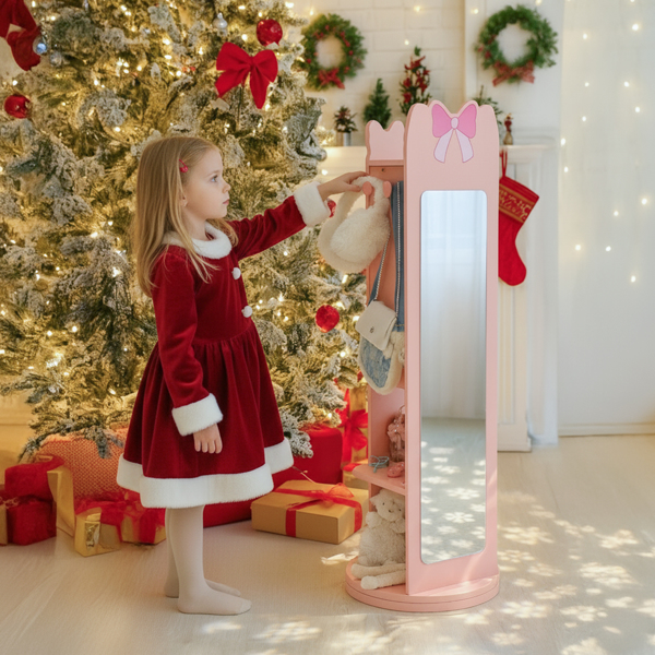 粉色 蝴蝶结元素 密度板 喷漆 1门1层架 底部可旋转 儿童饰品镜柜-20