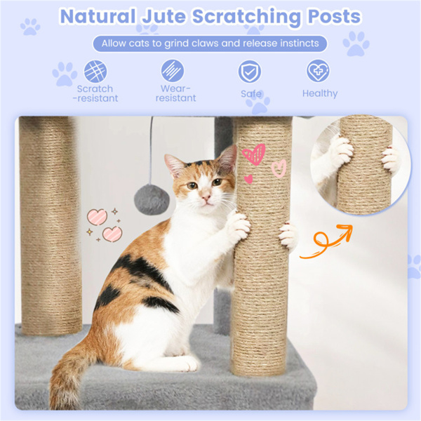 64英寸浅灰色猫塔，带毛绒垫和3个摇摆球、黄麻抓杆和防倾翻装置，适用于多猫家庭-10