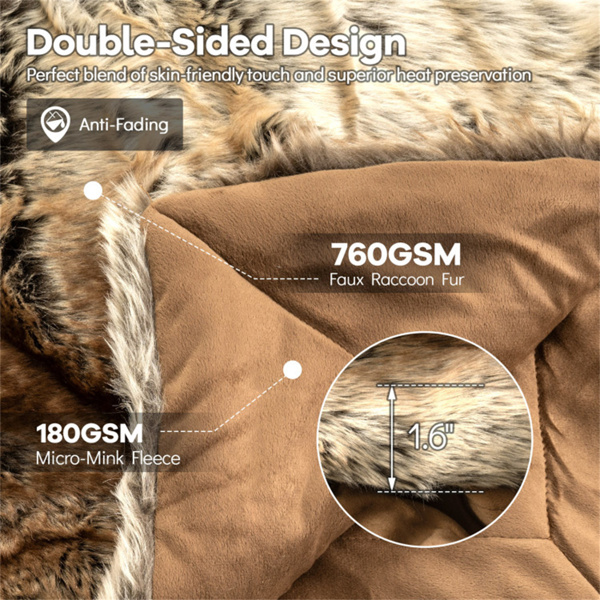 咖啡760GSM仿浣熊皮抛毯60“x80”双面柔软微貂皮内衬毯-9