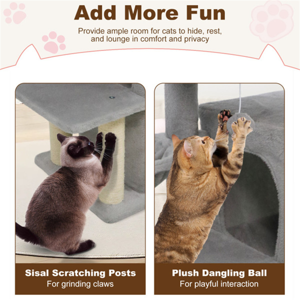 浅灰色33.5英寸多层猫树，带双层公寓、剑麻抓杆和猫防倾倒装置-8