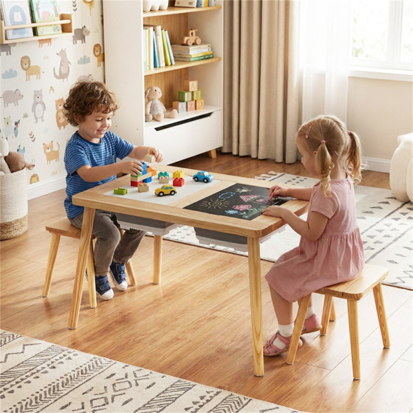 一体式儿童活动桌和椅子套装，带可折叠储物箱的松木感官桌，适合3岁儿童的黑板和白板+-4