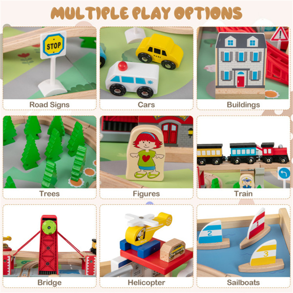 儿童木制火车桌，带94件配件，2个可逆桌面和3个3岁儿童织物储物抽屉+-10