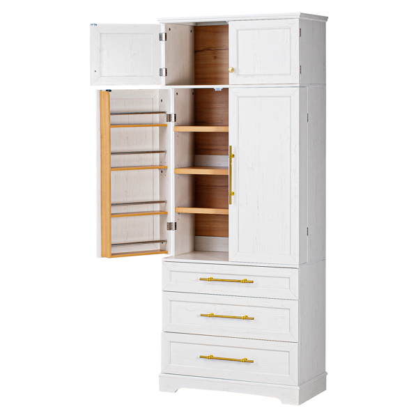 78.2英寸高乡村风格厨房储物柜，配有8个门内置物架、3个可调节搁板和3个大抽屉，多功能储物柜，适用于厨房、餐厅和浴室，复古白色。-8