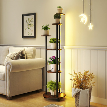 6层植物架，带RGB灯带、智能APP和远程控制植物架，用于家居装饰-乡村棕色