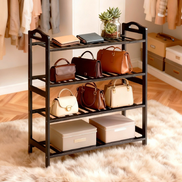 手提4层 12根条 竹制 68*25*73cm 鞋架 黑色-9