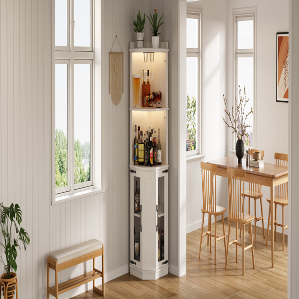 67.3英寸转角吧台柜，带电源插座，乡村风格酒柜，带可调节搁板，适用于家庭、餐厅、客厅、厨房，配备照明灯和酒杯架。-8
