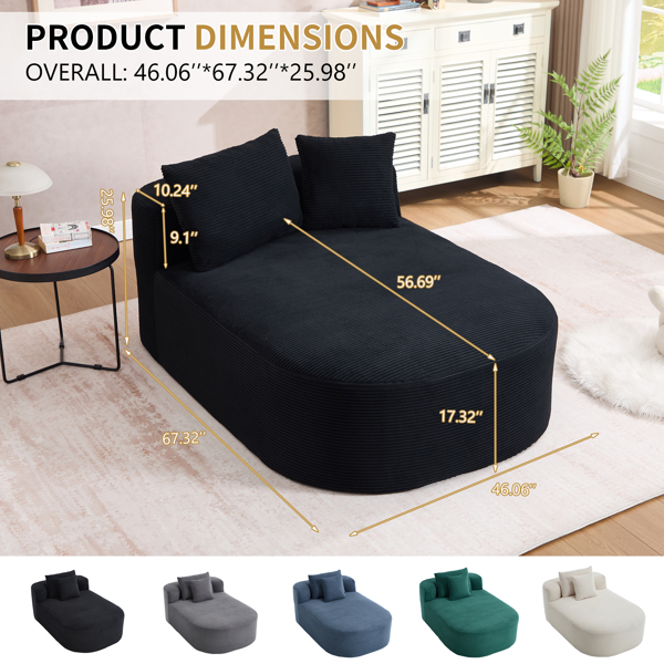 67.5英寸贵妃椅，46英寸宽座椅，室内灯芯绒超大号沙发床，适合客厅，深座设计，配有两个柔软靠枕，可转换无骨架沙发床，黑色，无需组装。-9