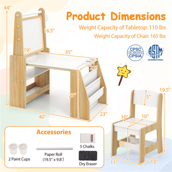 自然色儿童活动桌，带磁性白板/黑板和纸卷，多功能绘画和学习艺术桌-3