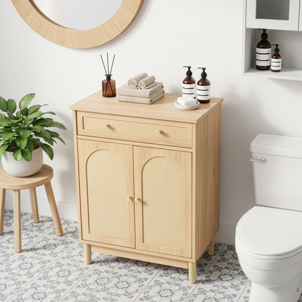 原木色   刨花板三胺贴面带藤面 60*30*80cm 1抽2门 浴室立柜-8