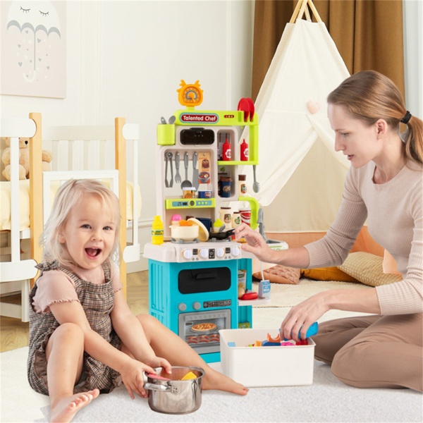 蓝色儿童角游戏厨房，配有逼真的声音、灯光和蒸汽，95件配件，适合3岁儿童的假装烹饪套装+-6