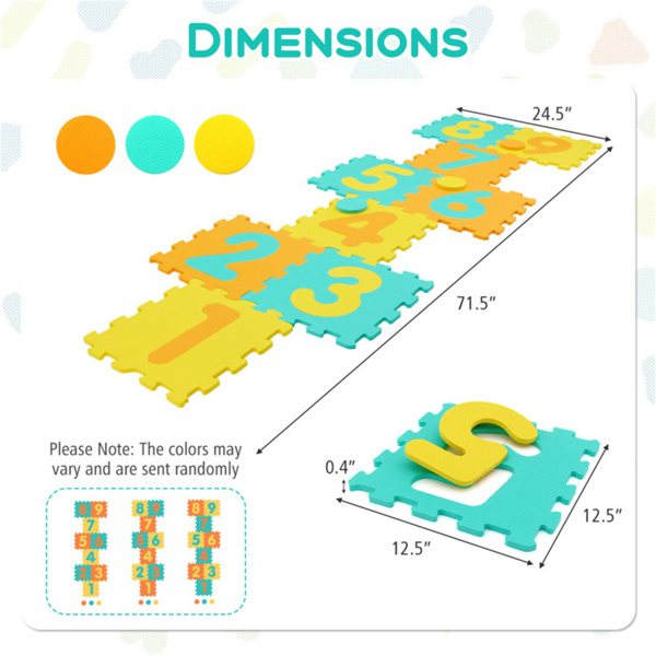 黄色儿童婴儿床泡沫垫，带9块联锁瓷砖和3个标记盘，适合10个月大的幼儿防滑游戏垫+-3