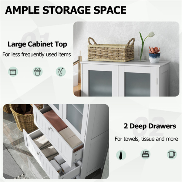 独立式落地储物柜，带可调节架子和2个抽屉，磨砂钢化玻璃门侧板-10