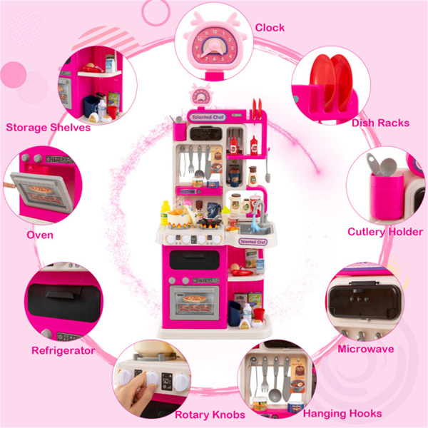 粉色儿童角游戏厨房，配有逼真的声音、灯光和蒸汽，95件配件，适合3岁儿童的假装烹饪套装+-7