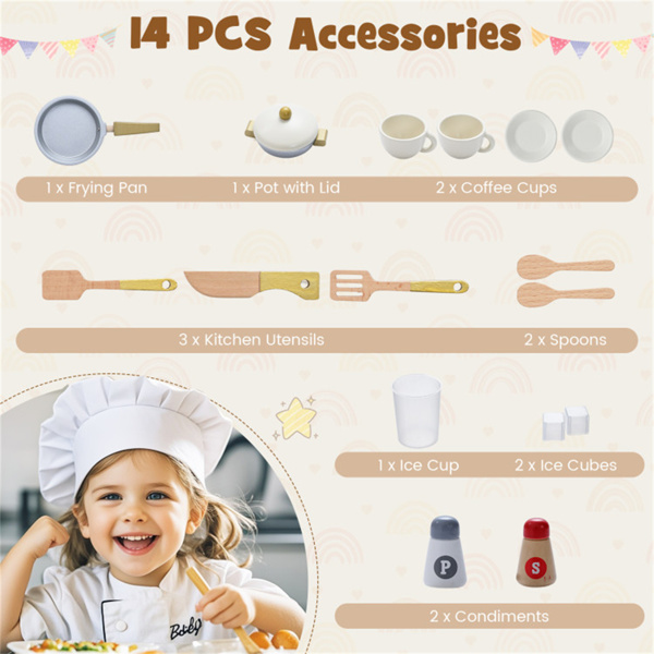 米色木制儿童游戏厨房，带可旋转水龙头和14个配件，幼儿假装烹饪套装3+-7