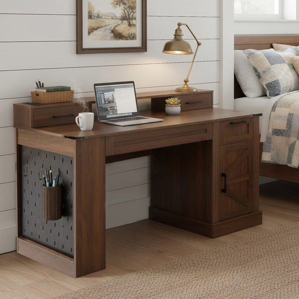 55英寸农舍风格办公桌，带储物柜和充电站，谷仓门设计电脑书桌，配备键盘托盘、显示器支架和洞洞板，适用于书房、客厅、家庭办公室，深胡桃木色。-2