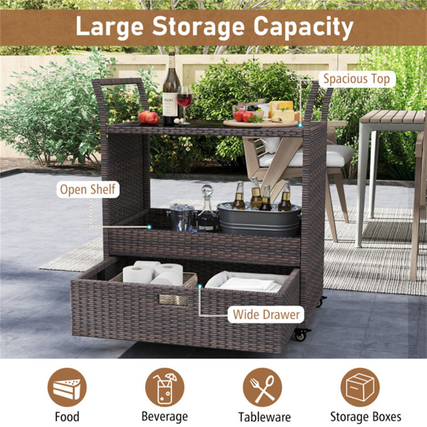 手织PE藤条户外酒吧车，带钢化玻璃台面和抽屉，4个带制动器的轮子，为露台提供服务-2