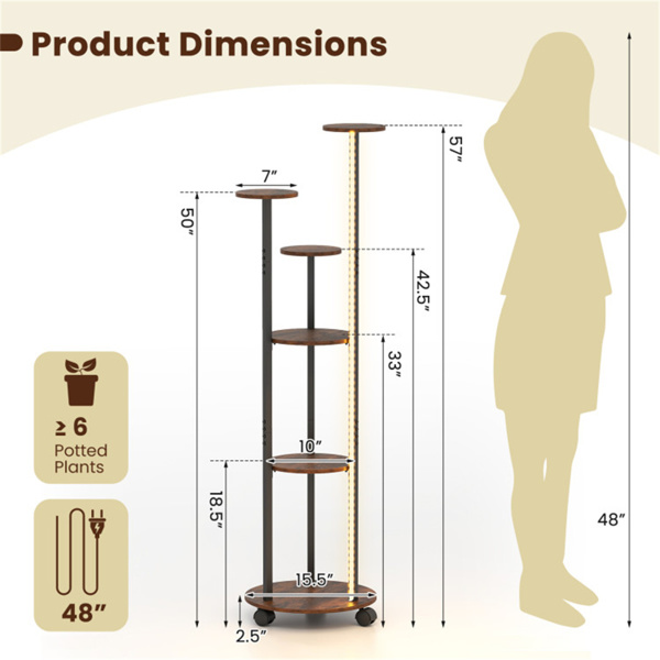 6层植物架，带RGB灯带、智能APP和远程控制植物架，用于家居装饰-乡村棕色-4