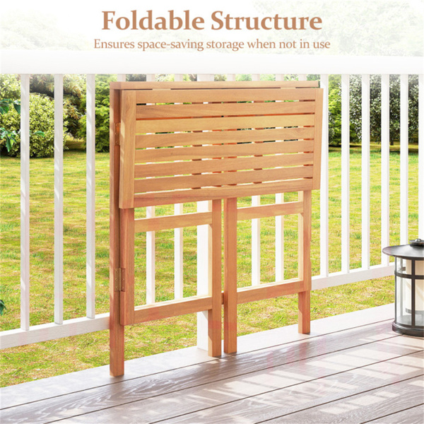 天然相思木可折叠露台酒吧桌，带脚踏和板条顶部，节省空间的户外酒吧桌-5