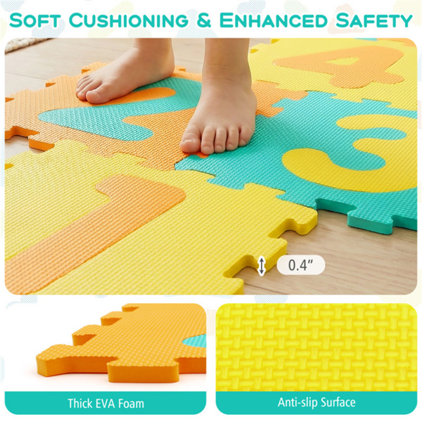 黄色儿童婴儿床泡沫垫，带9块联锁瓷砖和3个标记盘，适合10个月大的幼儿防滑游戏垫+-7