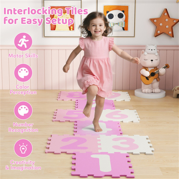 彩色儿童婴儿床泡沫垫，带9块联锁瓷砖和3个标记盘，适合10个月大的幼儿防滑游戏垫+-6