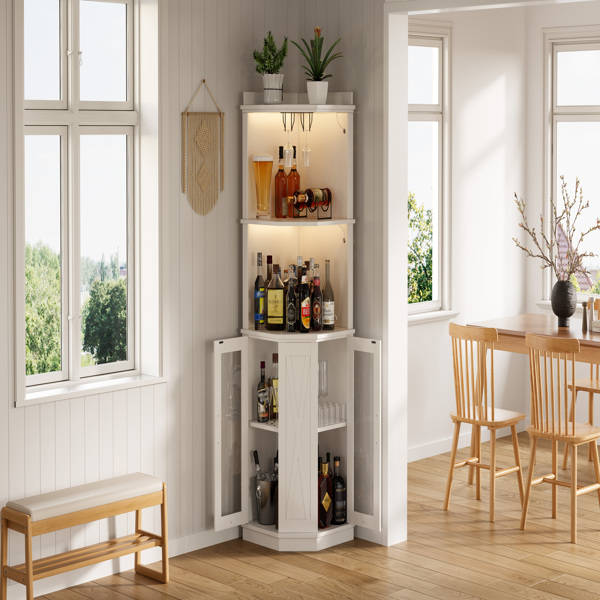 67.3英寸转角吧台柜，带电源插座，乡村风格酒柜，带可调节搁板，适用于家庭、餐厅、客厅、厨房，配备照明灯和酒杯架。-6