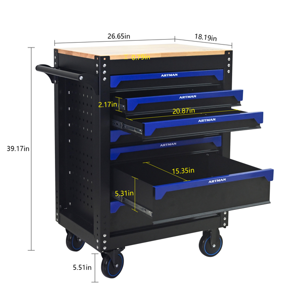 30英寸7抽屉木质台面实用型带轮钢制工具车，配有把手和轮子，适用于车库、仓库、维修店等场所的储物柜，工具车需自行组装 - 黑蓝色-10