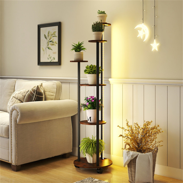 6层植物架，带RGB灯带、智能APP和远程控制植物架，用于家居装饰-乡村棕色-1