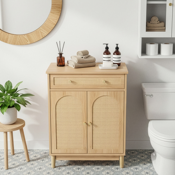 原木色   刨花板三胺贴面带藤面 60*30*80cm 1抽2门 浴室立柜-7