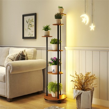 6层植物架，带RGB灯带、智能APP和远程控制植物架，用于家居装饰-自然色