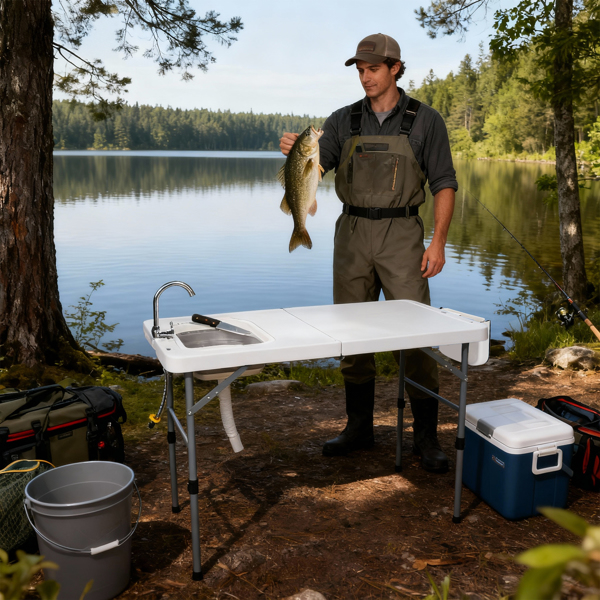 127*68.5*91.5cm 可对折 白色 户外杀鱼桌 HDPE 长方形 带折叠水龙头 折叠垃圾桶 折叠水槽 收纳袋-11