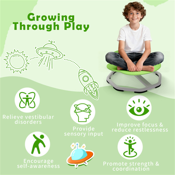 绿色儿童感官旋转椅：360°旋转，220磅容量，行星设计，PP/金属，防滑垫，用于平衡和协调-7
