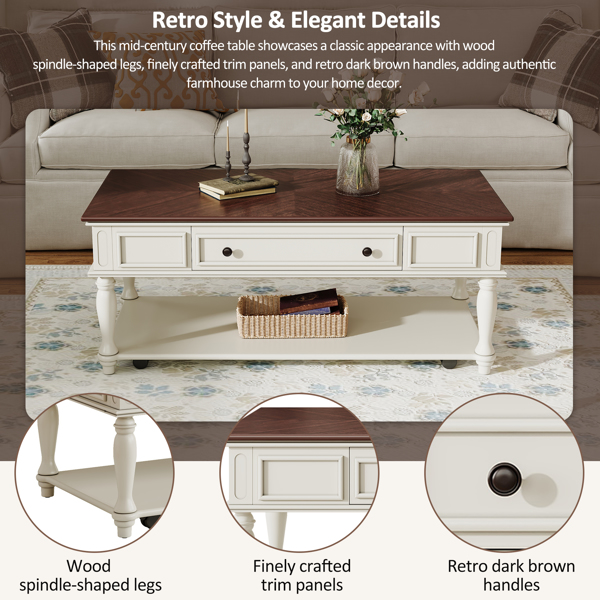 农舍风格咖啡桌，带一个抽屉，易于组装，复古可移动长方形鸡尾酒桌，带锁定轮，乡村风格中心桌，实木桌腿，适用于客厅，胡桃木色+白色--不支持self-pick up-3