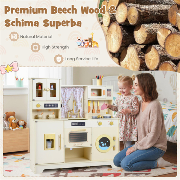 米色木制儿童游戏厨房，带可旋转水龙头和14个配件，幼儿假装烹饪套装3+-14