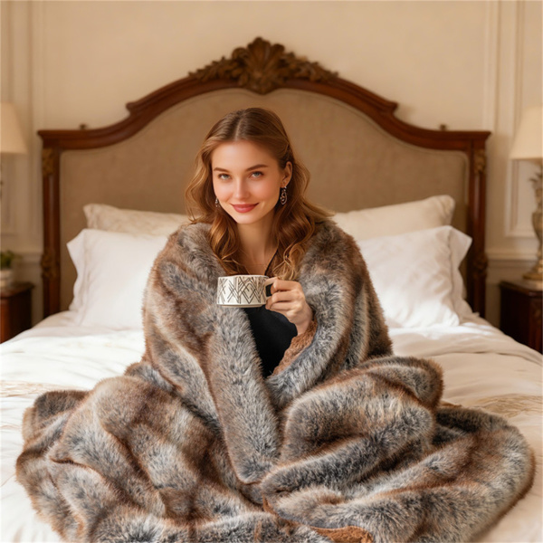 棕色灰褐色780GSM假狐皮毯60“x80”双面PV羊毛衬里毯-5