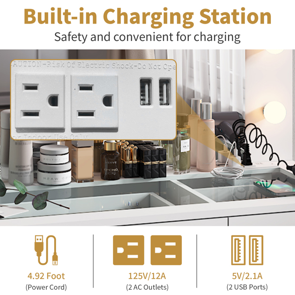 白色 麻面刨花板贴三胺 3抽2门 梳妆桌套装 带12粒三色调光灯泡 排插 玻璃桌面-8