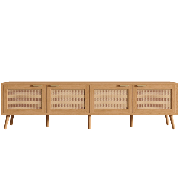 70英寸现代电视柜，配有藤编柜门，适用于最大80英寸的电视，带储物空间和电线孔，是客厅的理想娱乐中心。-11